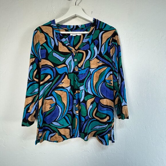 Chico's Womens Abstract Print 3/4 Sleeve Henley Top Size 1, US Medium Multicolor - Picture 1 of 7